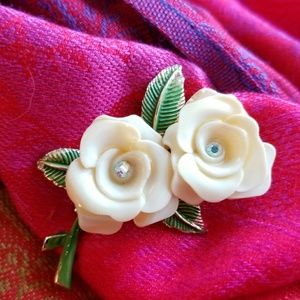 Vintage white roses brooch enamel flower pin gold floral pin rhinestone